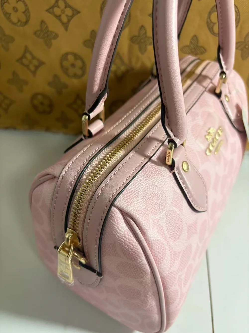 Coach Pink Signature Dome Satchel with Gold Hardware